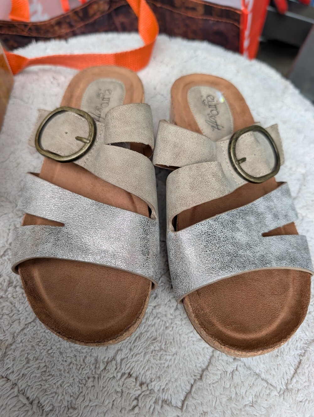 Women's Euro Soft Silver & Tan Slides Sandals Size 6W